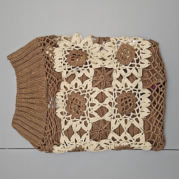 Versatile Open Stitch Modern Knit Cotton Flowers Embroidered Crop Cardigan Brown - Picture 2 of 10